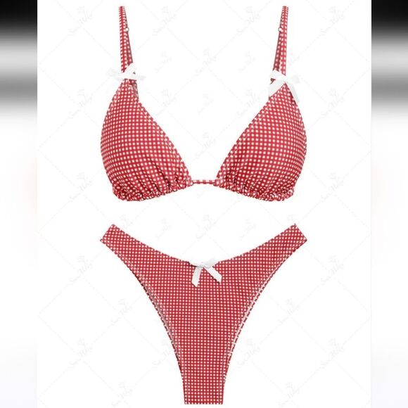Seamoly Red / White Gingham Bow Decor Triangle Bikini Set sz L - Picture 3 of 13